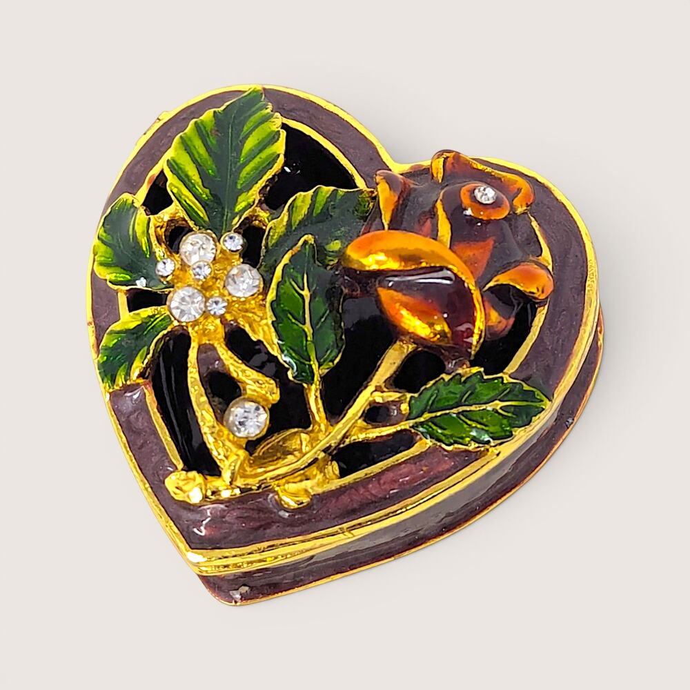Vintage Heart Shaped Enameled Floral Trinket Box